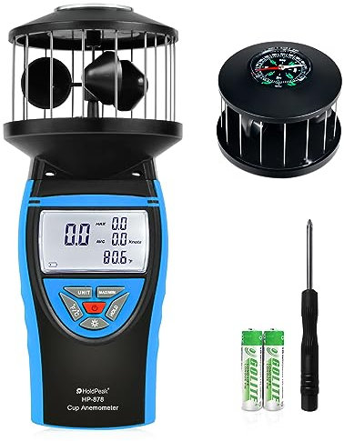 HoldPeak Handheld Cup Anemometer with Compass, 360° Wind Measuring Digital Air Wind Speed Meter, 93MPH Wind Speed Measuring Device Gauges for Outdoor Sailing HVAC Golf Shooting, HP-878