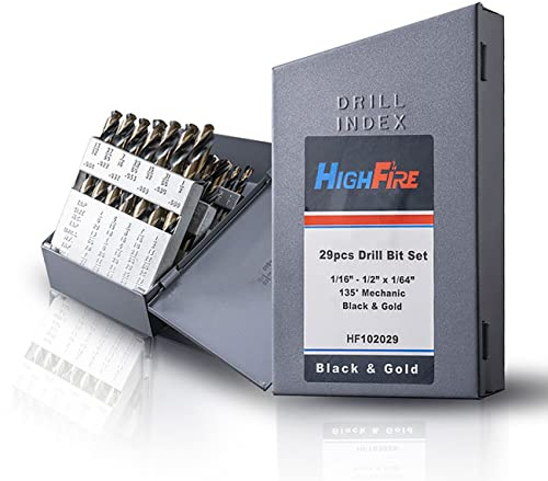 HIGHFIRE Mechanics Drill Bit Set, M2 HSS Heavy Duty Mechanic Drill Bit Kit with Black and Gold, 3-Flat Shank Twist Drill Bit Set for Metal with 135 Degrees Split Point 29 PCS