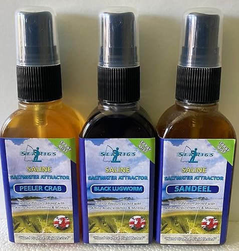 Sea Fishing PEELER CRAB - BLACK LUGWORM - SANDEEL - 3 x 50ml Natural Saline Bait Sprays