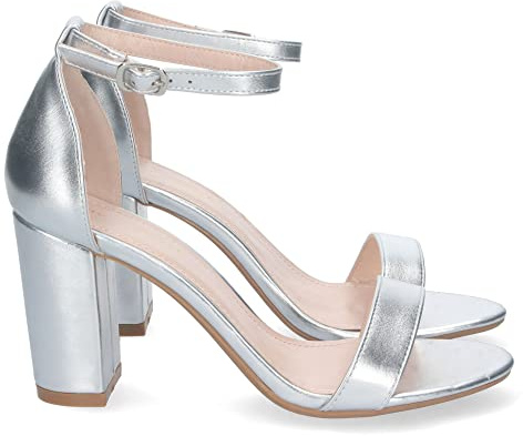 shoes&blues.es 74183 Sandalia de Tacon Alto para Mujer, Comoda, con Pala Fina Simple, Estilo Ankle Strap, y Cierre de Hebilla Plata Talla 36