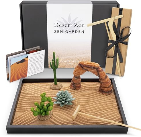 Island Falls Home Desert Zen Garden Kit. Premium Home Cactus Decor. 11x8in | Southwestern Desert Decor Zen Garden for desk therapy. Sand tray, 4 artificial features, brown sand, 3 handcrafted wood tools