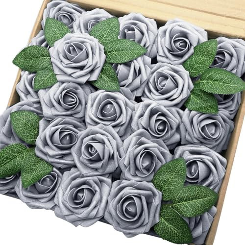 Wambere 50 Stück Künstliche Blumen Rosen Deko Blumen Fake Rosen mit Stielen Schaumrosen Foamrosen Rosenköpfe Gefälschte Kunstrose Rose DIY Hochzeit Blumensträuße Braut Zuhause Dekoration,Silber
