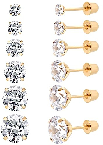 6 Paar chirurgische Edelstahl-Ohrstecker, Schraube zurück 18K Gold plattiert Herz Stern Quadrat Prinzessin Schnitt Runde weiße Cubic Zirkonia Ohrstecker Set für Frauen