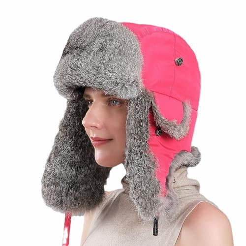GIBZ Kunstfell Wintermütze für Damen, Flauschig Uschanka Russische Mütze, zum Outdoor, Skifahren, Radfahren, Rosa