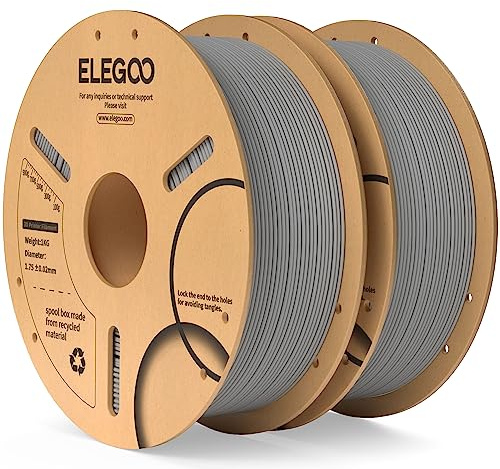 ELEGOO PLA Filament 1.75mm, 3D Drucker Filament PLA Grau 2KG | Maßgenauigkeit +/- 0,02mm, 1kg Pappspule (2.2lbs), Sauber Gewickelte, Vakuumverpackung für Meisten FDM 3D Drucker