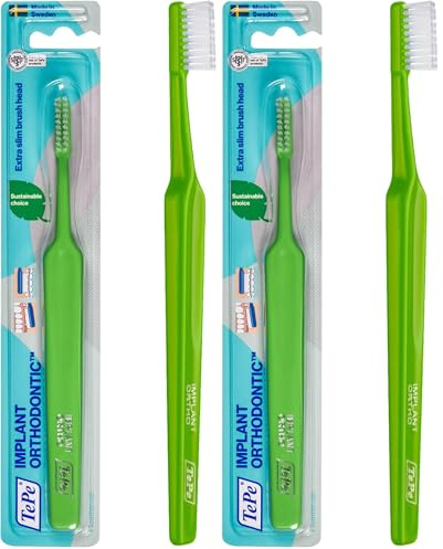 TePe Implantat- und Kieferorthopädische Zahnbürste, 2er Pack, 2 Stück, Mittel, Nylon, Kunststoff, Manuell, Unisex-Erwachsene, Erwachsene, Zufällige Farbe, Einweg