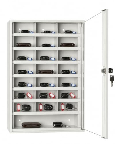 LEOMAR Schlüsselschrank, Schlüsselkasten, für Schlüssel & Kleine Dokumente, Schlüsselbox aus Stahlblech mit Glastüren, mit 22 Fächern, Organizer zur Wandbefestigung, Abschließbar, 14 x 35 x 52 cm