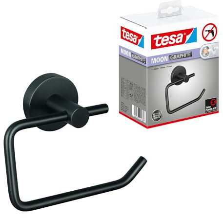 tesa Moon Graphite Toilettenpapierhalter in gebürstetem Grafit - Selbstklebender Rollenhalter ohne Deckel, aus PVD-beschichtetem Metall - ohne Bohren, inkl. Klebelösung - 140mm x 99mm x 53mm