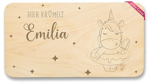 Frühstücksbrettchen Holz Natur - Einhörner - Hier krümelt Name Einhorn I Mädchen Geschenk Kinder I Gravur - 22x12 - Holz - kinderbrettchen unicorn frühstücksbrett holzbrett