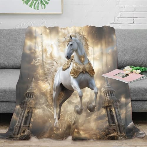 Weißes Pferd Sofadecke 3D Druck Elegant Couchdecke Fleecedecke Decke Kuscheldecke Tagesdecke Weichen Flauschig Bett Decken Flauschig Warm Für Mädchen Jungen 60x80inch(150x200cm)