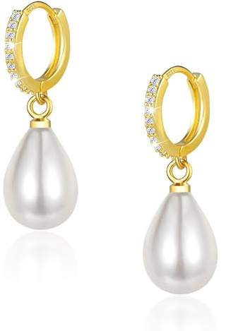 Pärlörhängen guldbågeörhängen med pärlhänge kvinnor, 14K guldpläterade bågeörhängen med sötvattenspärlor silver 925 örhängen hängande pärlorhängen guld små bågeörhängen med pärlor kvinnor
