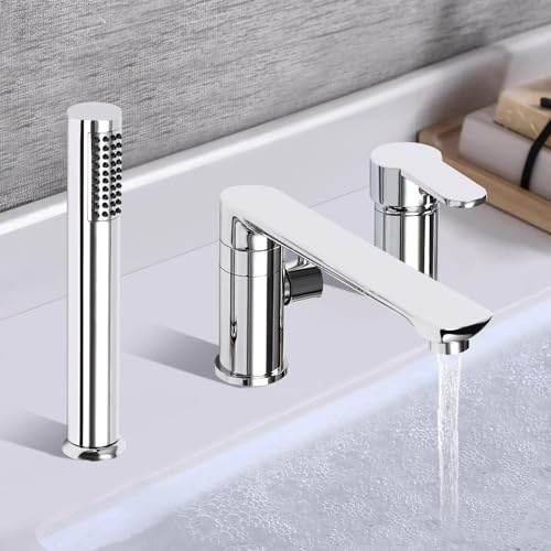 Badewannenarmatur Duscharmatur aus Kupfer mit 360° drehbare Wasseraustrittsdüse, 3 Loch Wannenrandarmatur Badarmatur mit Handbrause, Wannenbatterie Badewanne Wasserhahn Mischbatterie (Silber)