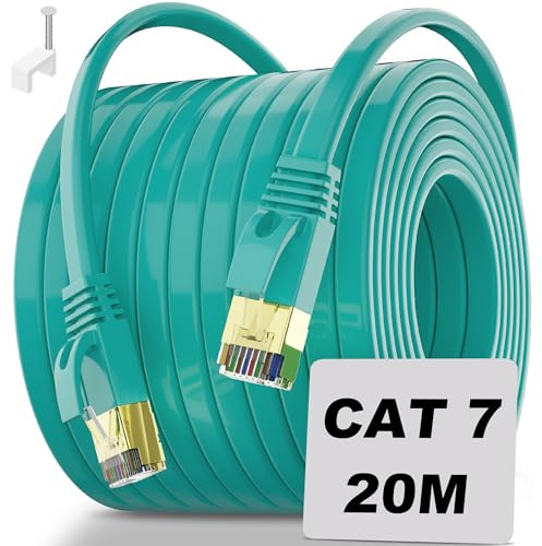 LAN Kabel 20 Meter, Netzwerkkabel Cat 7 20m Flach Wlan Kabel, Schirmung Internetkabel Hochgeschwindigkeits Patchkabel Gigabit 10000Mbit/s - 600MHz - FTP - 20 Clips Ethernet Kabel für Router Modem