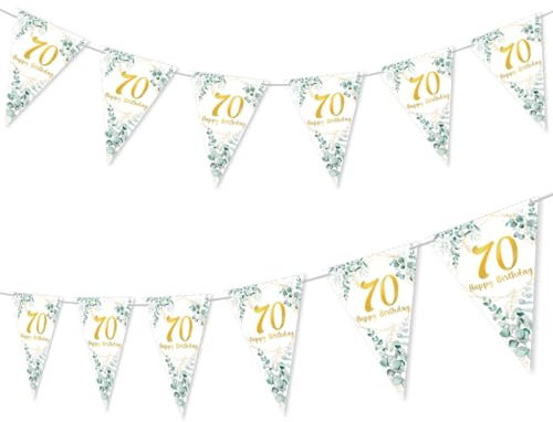 70 Geburtstag Deko Frau Mann Grün Gold, Girlande 70 Geburtstag Wimpelkette, 70 Geburtstagdeko Wimpelkette Girlande Grün Gold Weiß für Frauen Mann
