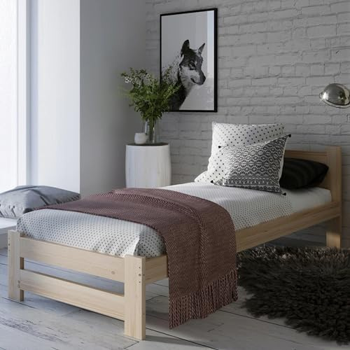 Home Collective Holzbett 90x200 cm mit Lattenrost Modern Bett Kiefer Massiv Bettgestell Einzelbett Massivholzbett Klassisch Komfortabel & Langlebig Skandinavisch Boho Landhaus Kopfteil mittel Natur