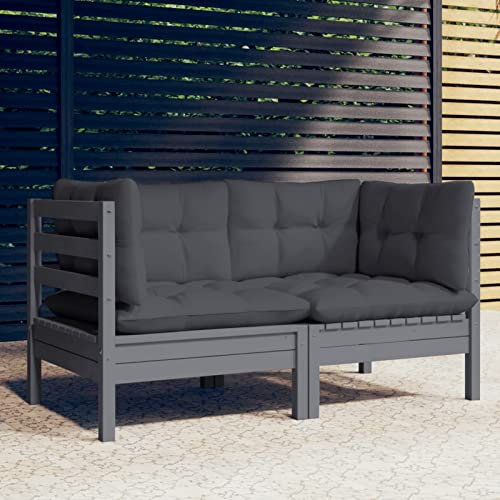 Homgoday Gartensofa 2-Sitzer mit Kissen Kiefer Grau Anthrazit Outdoor Paletten Holz Sofa Paletten Outdoor Grau