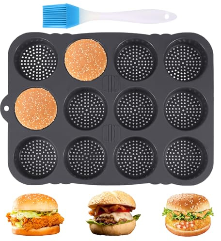 Burger Buns Backform Silikon, Brotbackform Rund 8cm Ø mit 12 Hohlräumen, Antihaft Burger Brötchen Backform, Muffinform Brötchen Blech für Burger, Brot, Puffs, Törtchen, 39.5x29x3cm, Zubehör für Küche