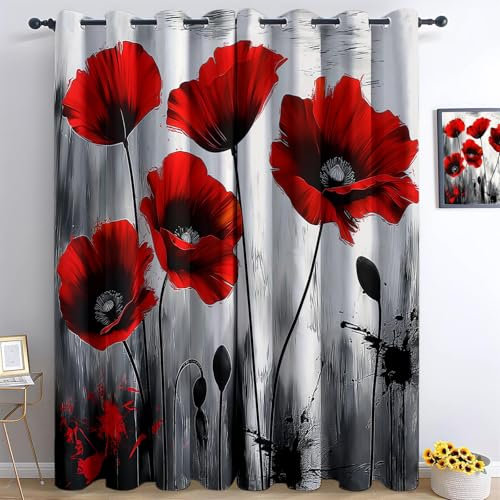 Gedruckte Blackout Vorhänge H215 x B110 cm (2er Pack) Energiesparende Vorhänge Thermo- und Schallschutzvorhänge für Schlafzimmer Abstrakter Ponceau Bedruckte Schwarz Rot Vorhang