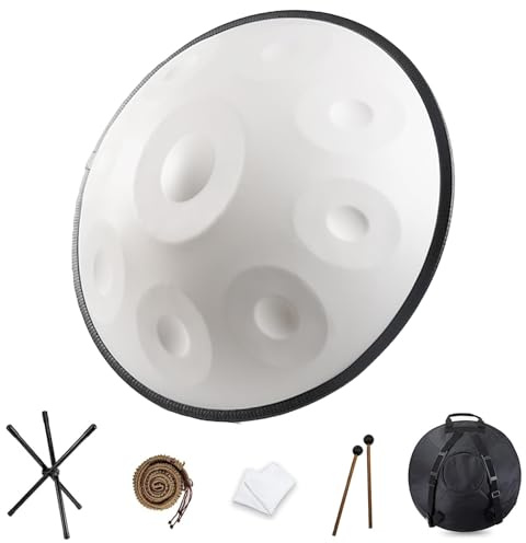 Handpan Drum in D-Moll 432Hz/440Hz - 22 Zoll Stahl Handtrommel mit Tasche, Schlägel, Ständer - Frosted White Finish - Handpan Instrument