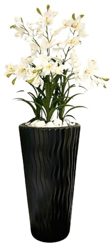 Künstliche Blumen Orchidee sehr groß im Topf XXL 140cm Gesamthöhe Textilblume Orchideengesteck Wie Echt für Heimbüro Hoteldekoration oder Wohnzimmer (Topf schwarz Welle | weiße Blüten)