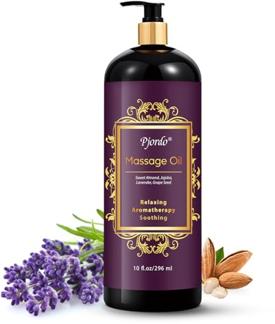 Pjordo Aromatherapy Lavender Massage Oil, 10 fl oz Relaxing Massage Oil for Massage Therapy with Grape Seed, Sweet Almond & Jojoba, Spa Quality Oils for Soothing, Calming