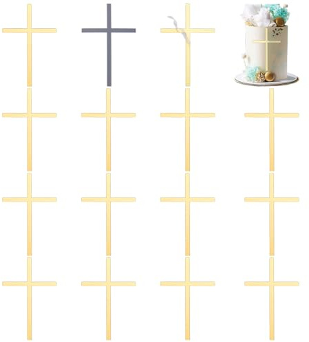 FINGERINSPIRE 16 Stück Cupcake Topper Mit Kreuz 152x97x0.8mm Goldene Spiegel Acryl Hochzeitskreuz Kuchendekoration Taufe Tortenaufsatz Kreuzkuchen Religiöser Feier Charm Für Partys