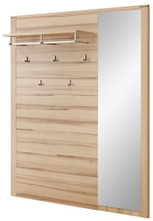möbelando Garderobenpaneel >Nature One< in Kernbuche Teil-massiv FSC-Zertifiziert mit Spiegel - Modernes Flurgarderoben Paneel mit 5 zuverlässigen Wandhaken und Ablageboden - 120/157 / 29 cm (B/H/T)