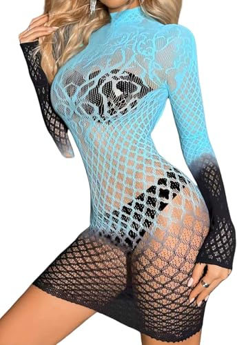 CZSABXY Fishnet Lingerie Rainbow Bodycon Dress Rave Outfit For Women Mesh Chemise Babydoll (Light Blue/Black), Light Blue/Black, One Size