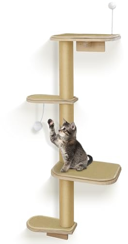 Arbre à chat 125 cm pour chats, mur d'escalade avec 4 étages et support en sisal en bois naturel, éléments muraux pour chats pour grimper, gratter et jouer