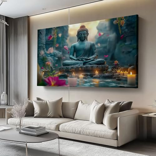 Impressions sur toile 100L x50l cm Tableau décoratif Statue de Bouddha traditionnelle, Scène zen Décoration murale pour salon et chambre -sans cadre Vert foncé Jaune chaud