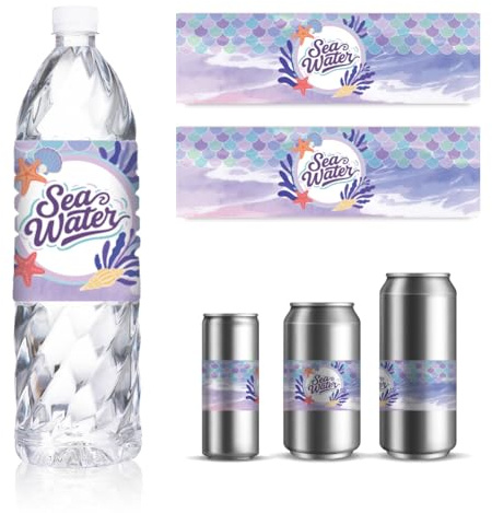 GOMAKERER 30 Blatt Meerjungfrau Wasserflaschenetiketten Seestern Muschel Meer Trinkwasserbehälter Etiketten Selbstklebende Wraps Aufkleber Für Hochzeit Braut Geburtstag Party Favor, 216x64mm