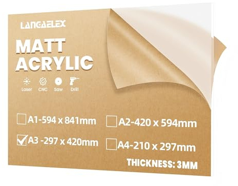 Langaelex A3 3mm Frosted Cast Acrylic Sheet for Shop Signage | 297 x 420 mm Matt Perspex Sheet Cut to Size for Privacy Glazing, Laser Engraving and Craft Project