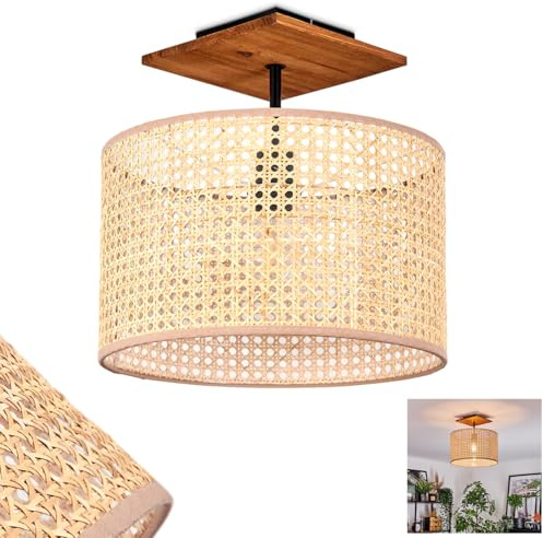 HOFSTEIN Deckenleuchte Barcos, Deckenlampe aus Metall/Holz/Rattan/Wienergeflecht/Stoff in Schwarz/Natur/Beige, runde Boho-Leuchte (Schirm Ø 35cm), E27, Esszimmer, Wohnzimmer, Schlafzimmer, Küche, Flur