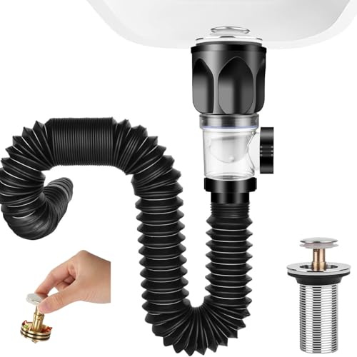 LuupoCiore Bathroom Sink Drain Kit, Pipe Connector Waste Water Trap Kit Flexible Waste Pipe, Odour-Proof Sink Waste Trap, Extensable 42-93.5cm Flexi Waste for Bath Wash Basin Kitchen Sink