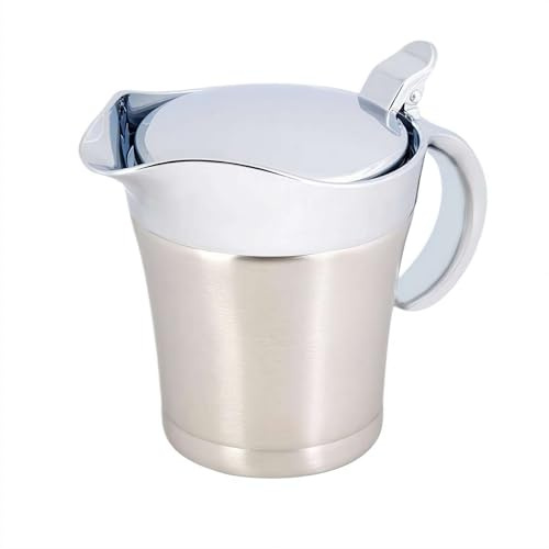 Såskanna i rostfritt stål, såsbåt i rostfritt stål med lock – 450 ml såskanna, grädde, dressing och vaniljsås, läckagesäker hällpip (silver)