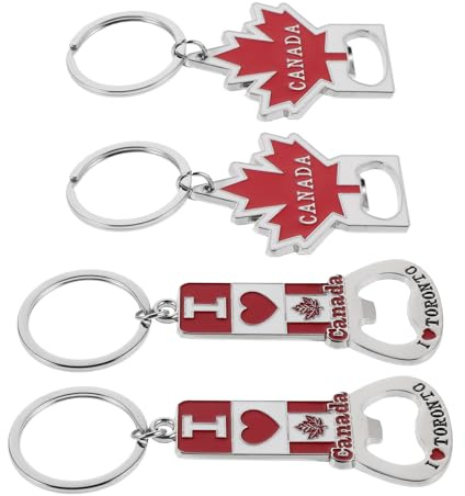 FRCOLOR Lot de 4 Porte-clés Ouvre-bouteille Décoratifs Drapeau Canadien en Métal, Compact et Pratique, Souvenirs du Canada pour Voyage, Fête et Usage Quotidien