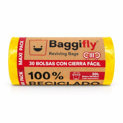 Baggifly, Bolsas de Basura 30L, 30 Bolsas Muy Resistentes, 100% Recicladas, Cierra Fácil, ECO Friendly, Uso Doméstico, Pack 1 x 30, Color Amarillo, Fabricado en España