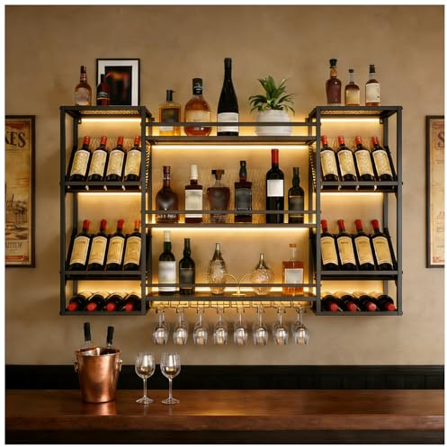 TAUODUYY Botellero de Pared Industrial, 4 Niveles Estante de Meta con Portavasos para Copas, Multifuncional Estante para Vino Apto para Bar Comedor Cocina (100cm)