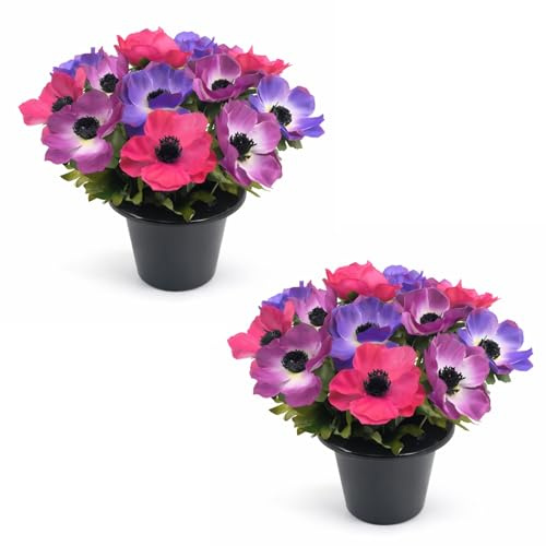 Pack 2 Artificial Flowers for Graves in Pots 25cm | 12 Head Purple/Pink/Creise Grave Flower Pots for Christmas | Luxury Memorial Flowers for Graves, Funerals & Lasting Tributes | All Season Displays