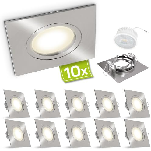 linovum LED Einbaustrahler 10er Set extra flach (36mm) - Spot eckig Edelstahl Optik gebürstet inkl. LED neutralweiß 4W 230V