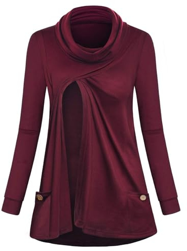 Joymom Nursing Shirt,Ladies Maternity Clothes Long Sleeve Round Heaps Collar Breastfeeding Tunic Tops 2018 Fashion Pure Color Comfortable Pregnancy Blouses Side Pockets Wooden Buttons Wine L