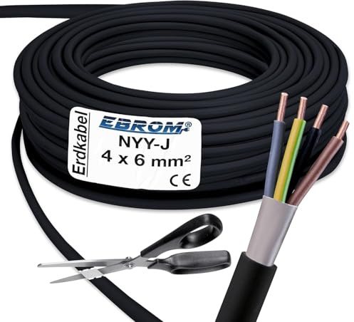 EBROM Erdkabel NYY-J 4x6 mm² Starkstromkabel Erdleitung schwarz -20 m | 1 m bis 100 m - Elektrokabel zur Verlegung im freien oder im Erdreich - VDE 0276, Teil 603 - Nennspannung: 600/1000V, 4x6 mm2