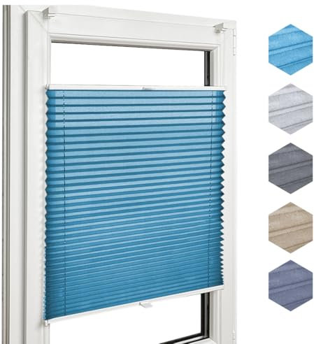 Home-Vision Premium Faltrollo Plissee ohne Bohren mit Klemmfix Lichtdurchlässig Rollo Leinenoptik Blickdicht Sonnenschutz Jalousie für Fenster & Tür (Melange Blau B95 x H150cm) Klemmträger