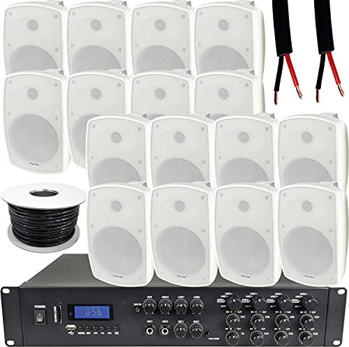 1600W LOUD Outdoor Bluetooth Sound System | 16x 140W White Speaker | 8 Channel / Zone Matrix HiFi Mixer Amplifier Amp Kit | Weatherproof Garden Party Event Audio | Powerful Wireless Music | Echo Alexa