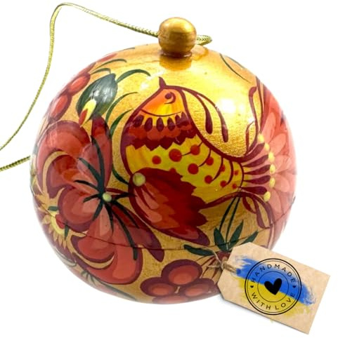 Florale Weihnachtsbaumkugel aus Holz Handbemalt mit Blumenmuster Ca.7 cm|Lässt sich öffnen - Geschenk-Box | Traditionelle Ukrainische Handarbeit für Weihnachten