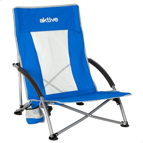 AKTIVE Chaise de Plage Pliante, Tissu Polyester et Structure en Acier, Bleu, Dimensions 50X51X67 cm, Max 110 kg, Dossier Respirant, Housse et Porte-Gobelet Inclus