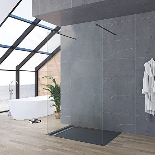 Walkin Dusche freistehend 87x200 cm Duschabtrennung Begehbare Duschwand Glas Bodengleich Glasduschwand Glastrennwand Barrierefrei Glaswand 8 mm Klarglas NANO Beschichtung Stabilisationsbügel schwarz