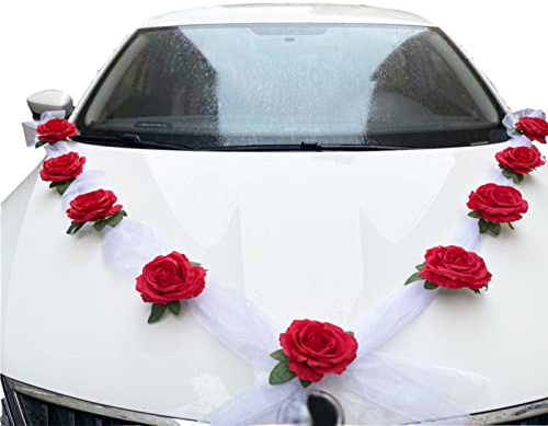 EXQULEG Auto Schmuck Braut Paar Rose Deko Dekoration Autoschmuck Hochzeit Car Auto Wedding Deko Girlande Autodeko Hochzeitsdeko (Rot)