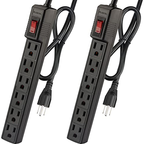 PLUGTUL Power Strip Surge Protector 2-Pack - 6 Outlets & 2 Ft Extension Cord, 1875W/15A 90 Joules, Overload & Surge Protection, Wall Mount for Home Office, ETL Listed Black