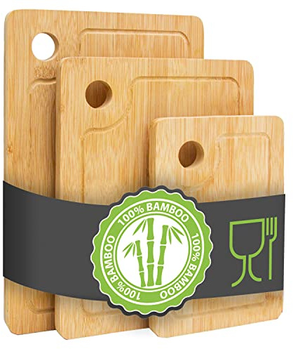 DuneDesign Richtig Dick & Stabil: Massives Schneidebrett Bambus 3er Set - 33x22cm Antibakterielles Holzbrett mit Saftrille - Küchenbretter Bambus Schneidebrett Holz Holzbrett Küche Zubehör Haushalt